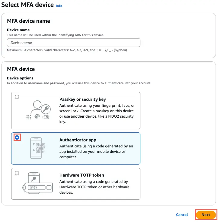 Select MFA device：選擇 Authenticator app