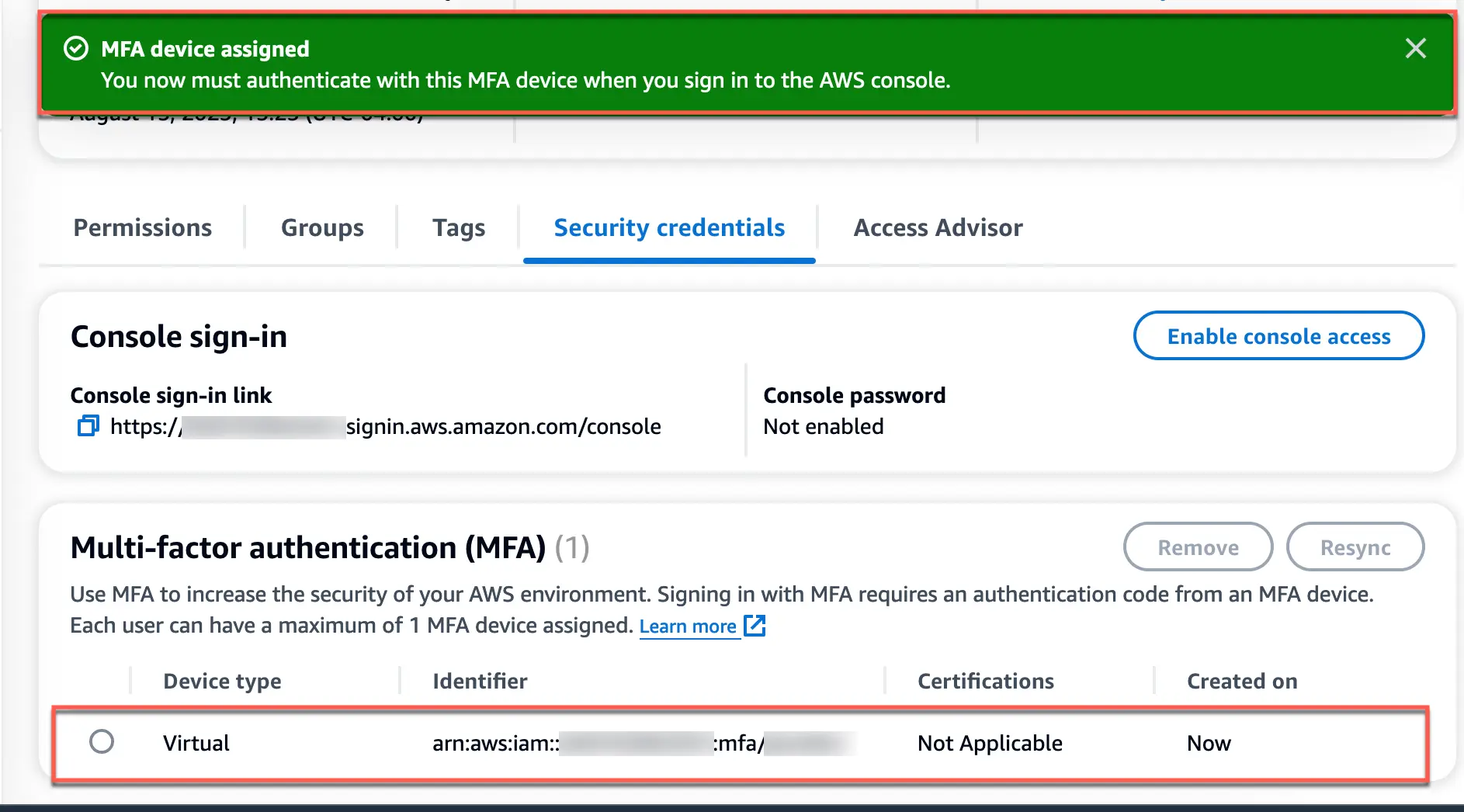 MFA 設定成功：MFA device assigned 綠色提示