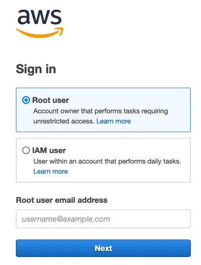 AWS Console：Root user 登入頁