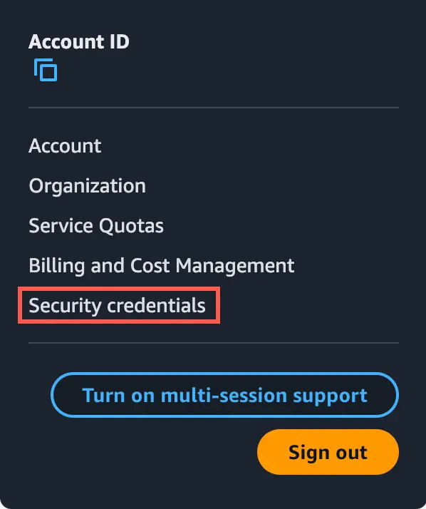 AWS Console：帳號選單顯示 Account ID 與 Security credentials
