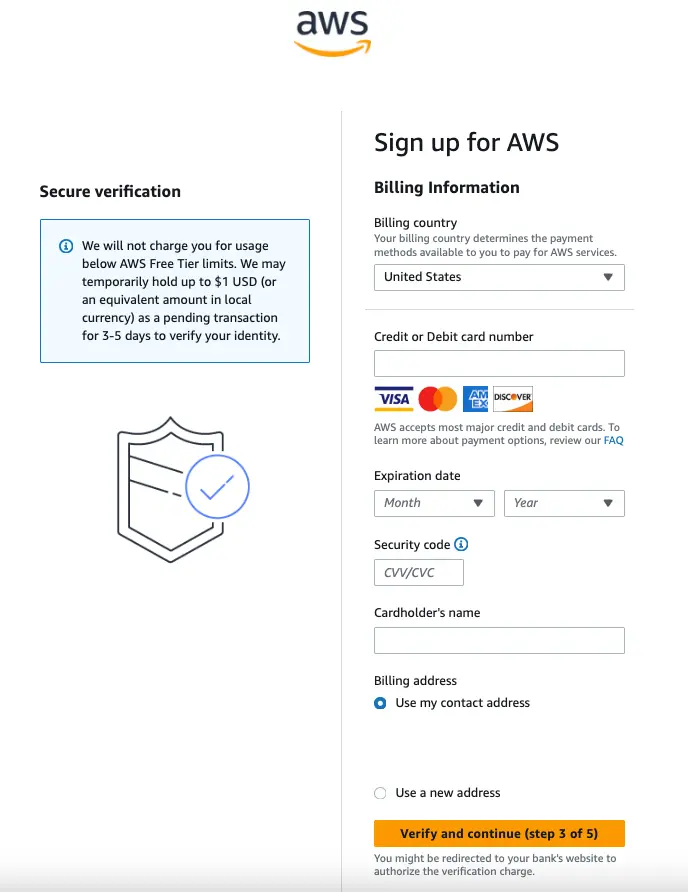 AWS 註冊：信用卡綁定頁面