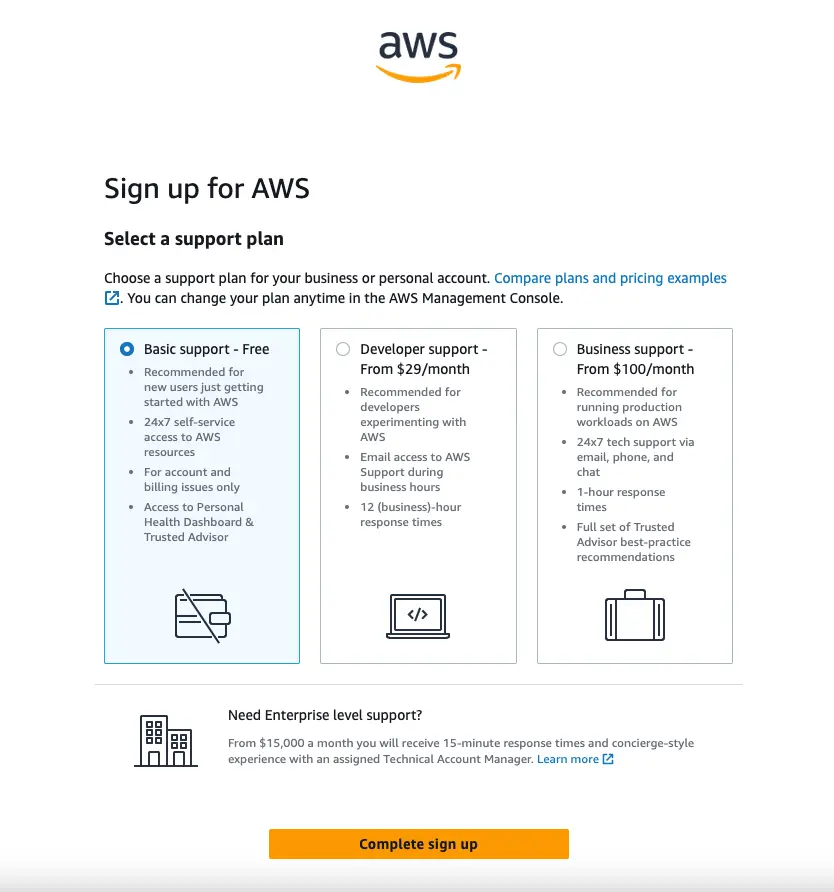 AWS 註冊：選擇 Support Plan