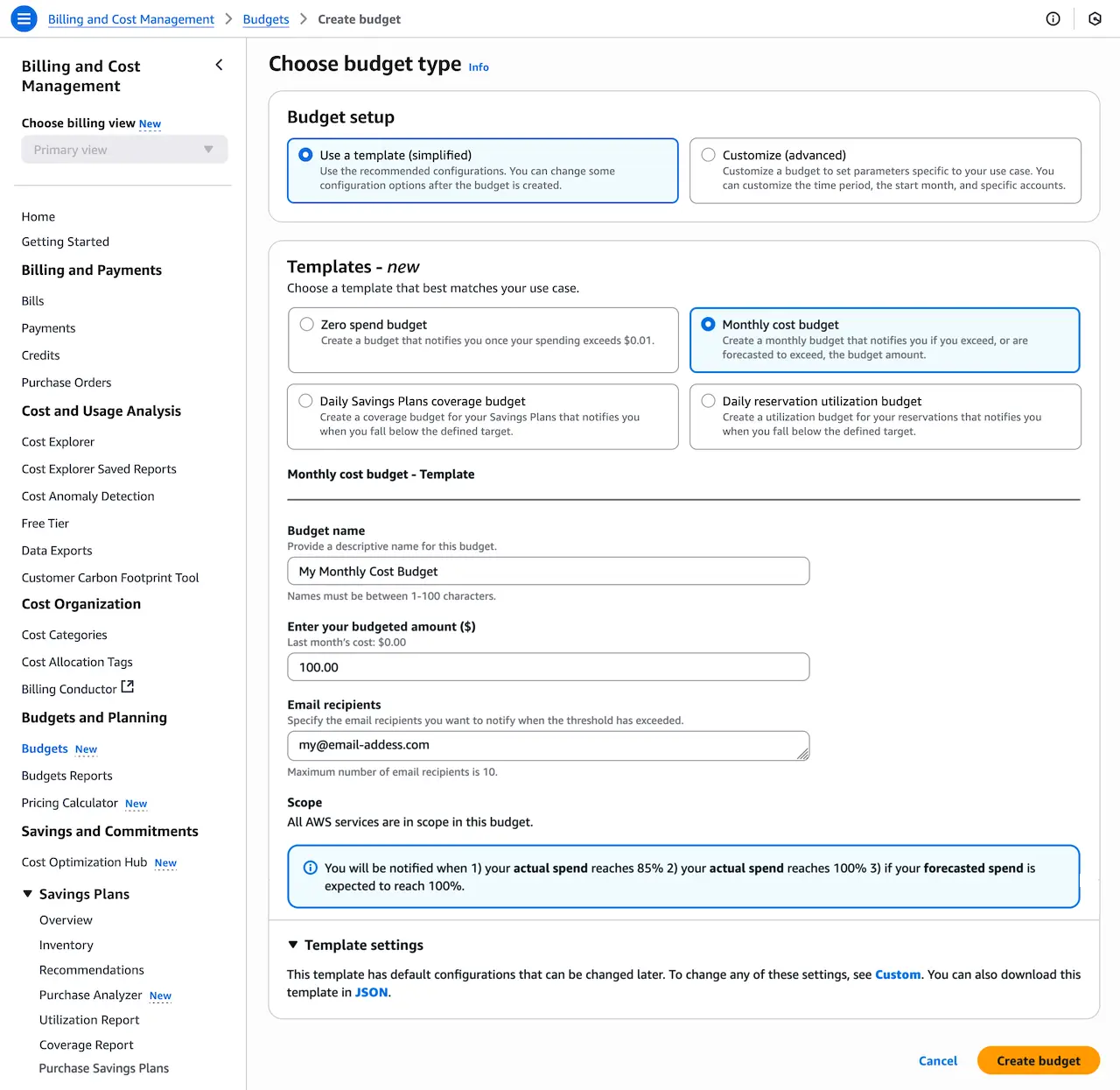 AWS Budgets 建立頁面,選擇「Monthly cost budget」範本後自動帶入基本設定