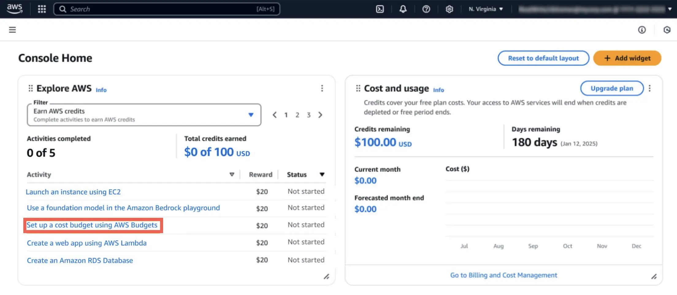 AWS 主控台首頁,左側 Explore AWS 小工具中可見「Set up a cost budget using AWS Budgets」連結
