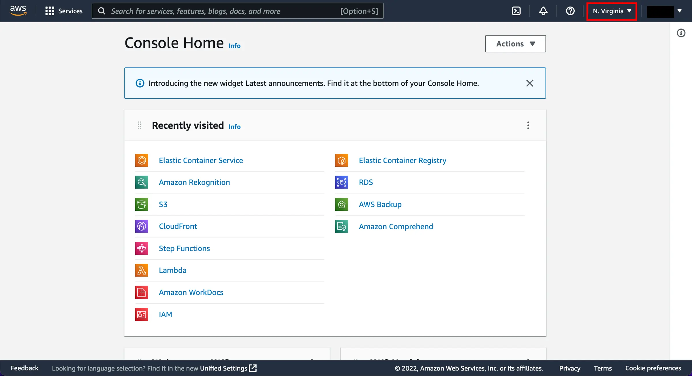 AWS Console 首頁,右上角顯示目前區域