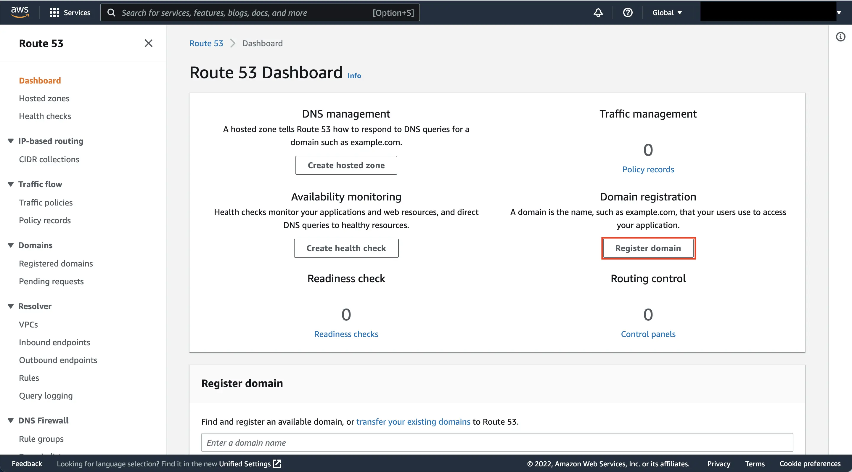 Route 53 Dashboard — 右側「Register domain」按鈕