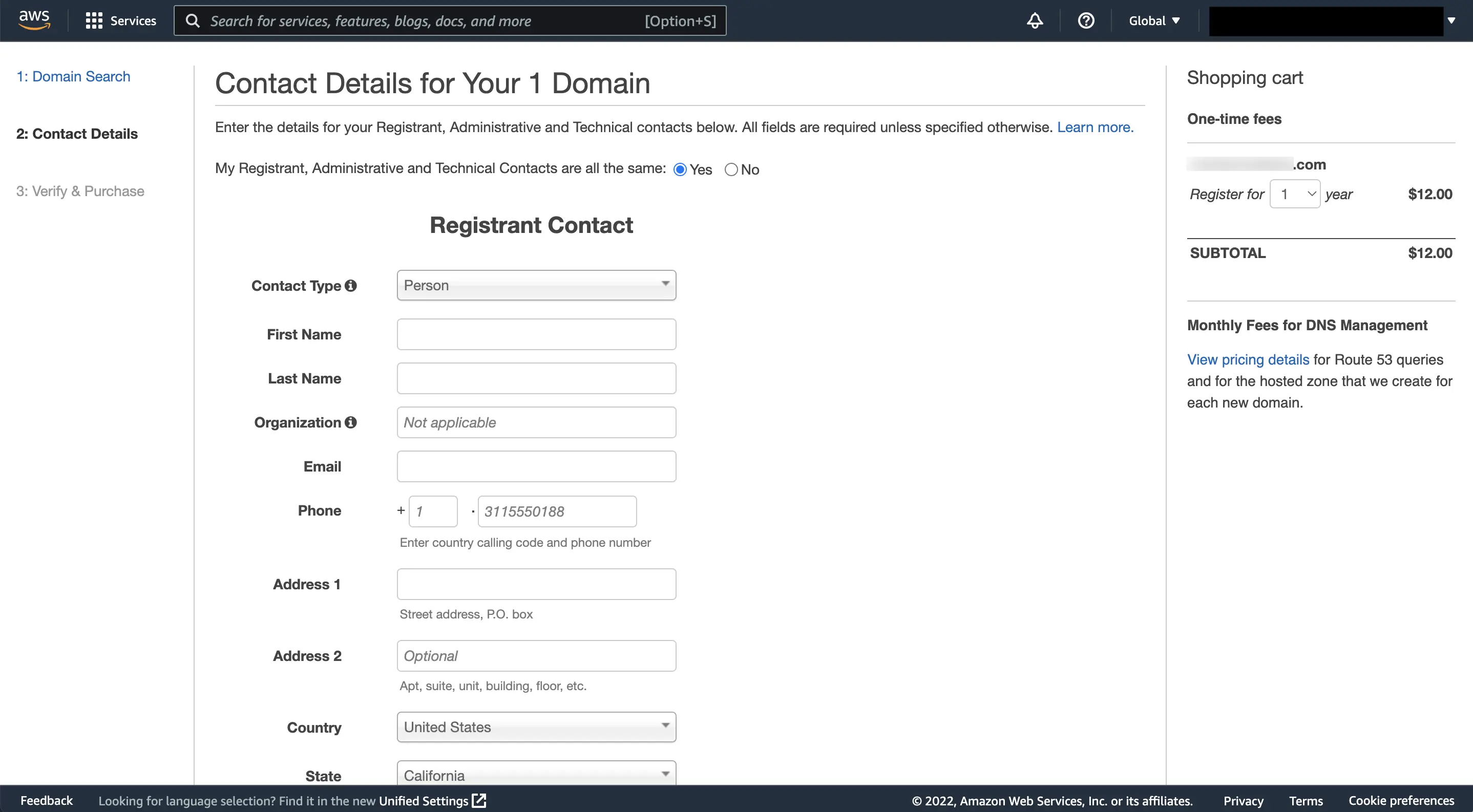 聯絡資訊填寫頁:Registrant Contact 表單