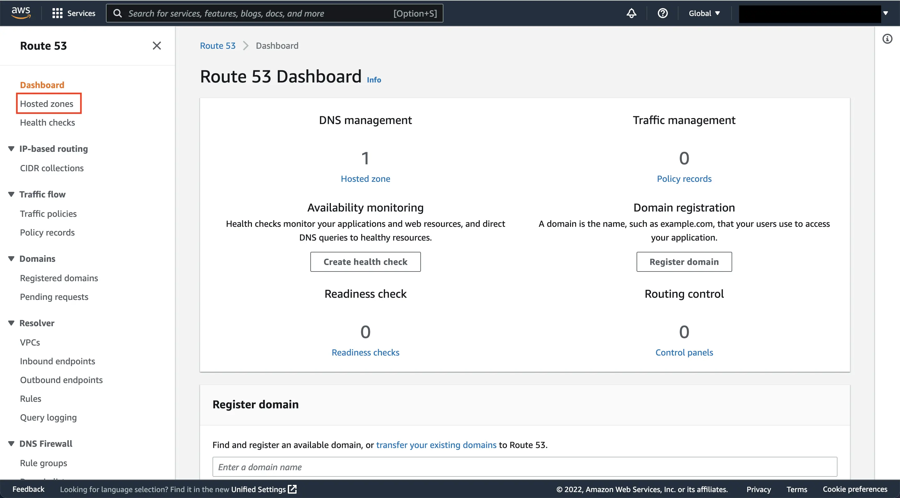 Route 53 Dashboard — 左側選單「Hosted zones」連結