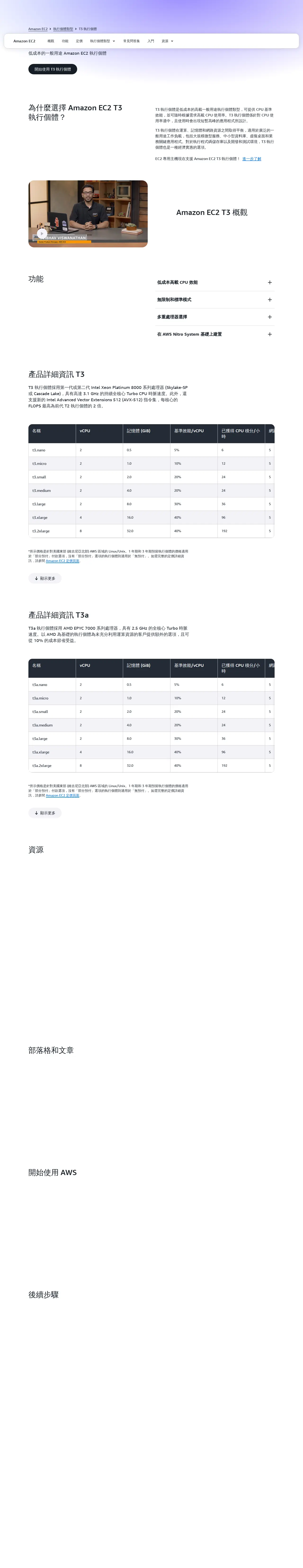 T3 執行個體規格比較（中文）