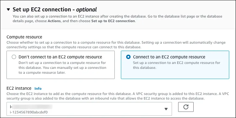 設定 EC2 連線畫面 — 選擇「Connect to an EC2 compute resource」,並選取您的 EC2 執行個體