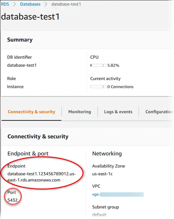 Connectivity & security 標籤 — 紅圈標示的 Endpoint 網址和 Port 5432 就是我們需要的資訊