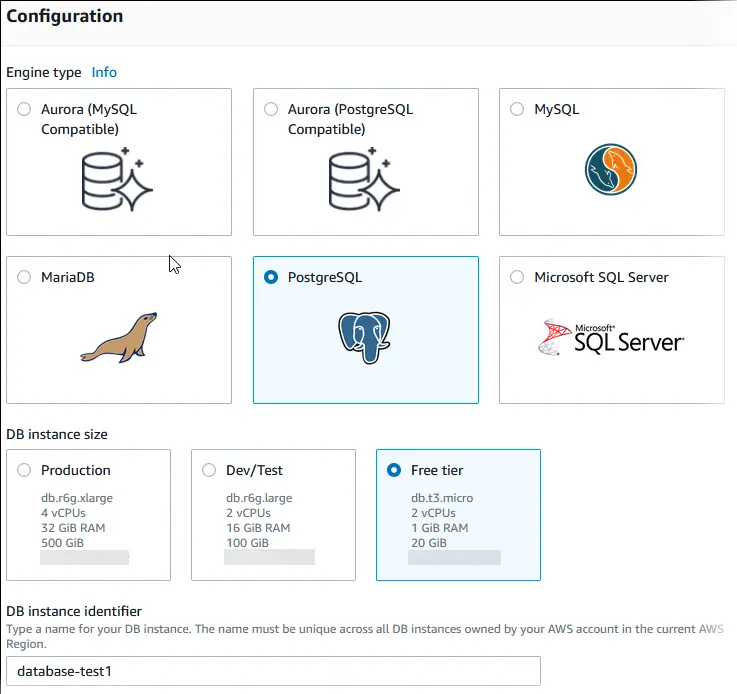 引擎選擇畫面 — 選擇 PostgreSQL(大象圖示),並在下方 DB instance size 選擇 Free tier